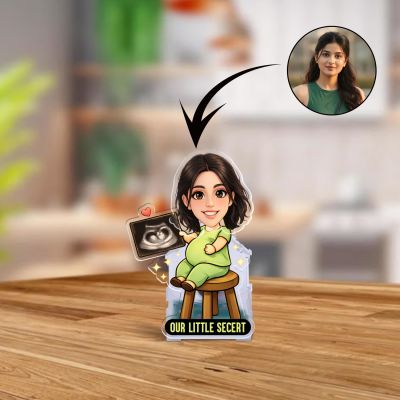 Personalized Bobblehead Caricature Our Little Secret Quote Pregnancy Gift Baby Shower Gift Gift for Pregnant Woman | Battery Powered Moving Head for Bedroom Tabletop Decor